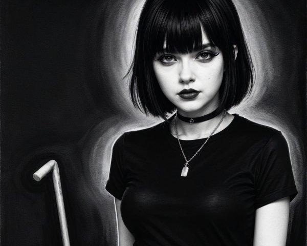 Young woman with black bob hairstyle and cane