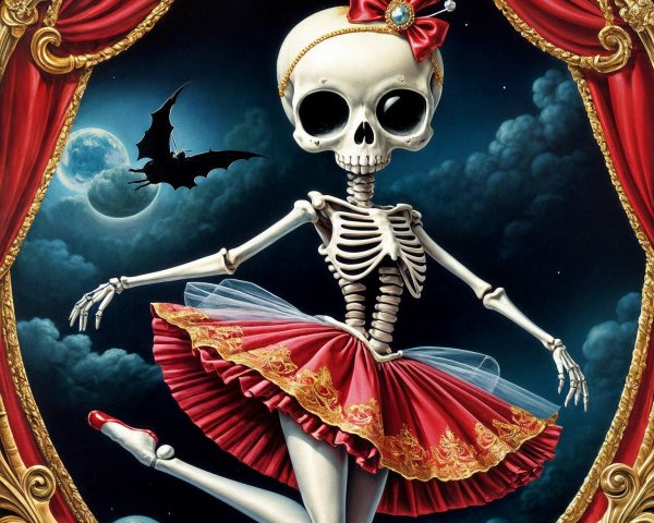 Whimsical Skeleton Ballerina in a Dramatic Setting