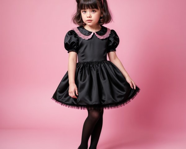 Young girl in black dress with pink bow and lace collar