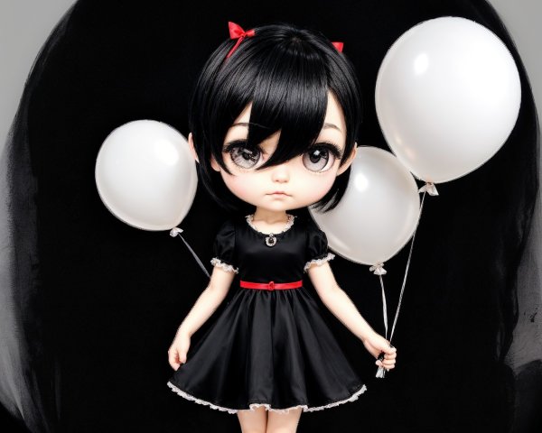 Doll Figure with Balloons Against Dark Background