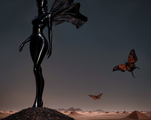 Surreal Desert Scene with Black Figure and Butterflies