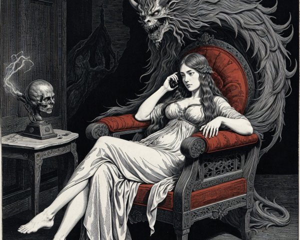 Eerie Scene with Woman, Spectral Figure, and Skull