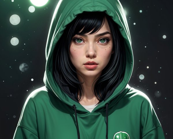 Young woman in green hoodie against cosmic backdrop