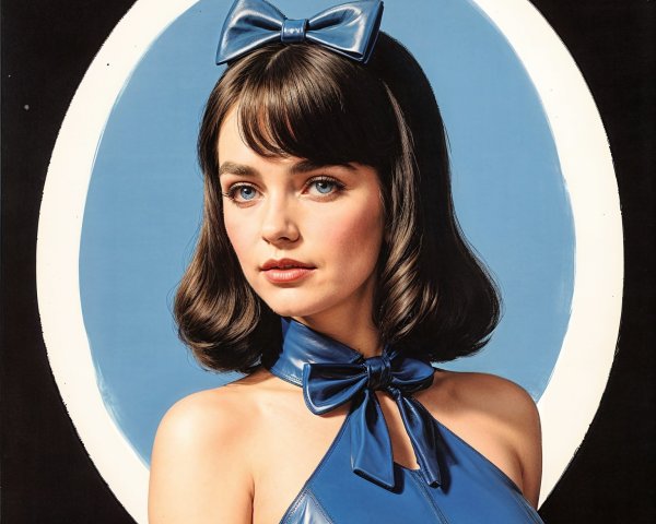 Woman in Blue Outfit with Bob Haircut and Bow
