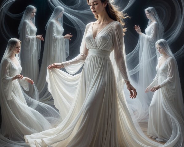 Serene figure in white gown with ghostly apparitions