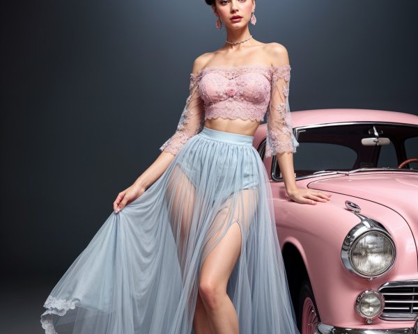 Stylish Woman Beside Classic Pink Vintage Car