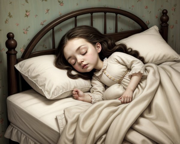 Young girl asleep in cozy vintage bedroom setting