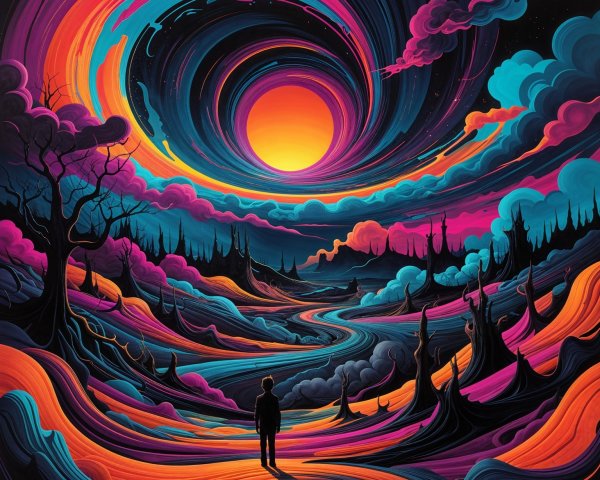 Surreal Landscape with Fiery Clouds and Twisted Trees