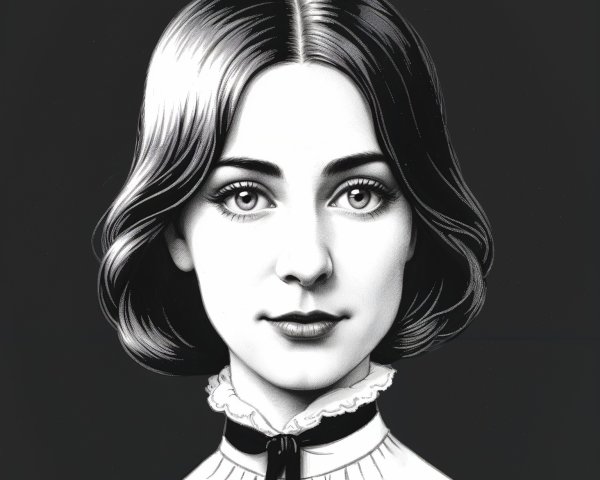 Young Woman in Victorian Blouse with Bob Cut Hairstyle