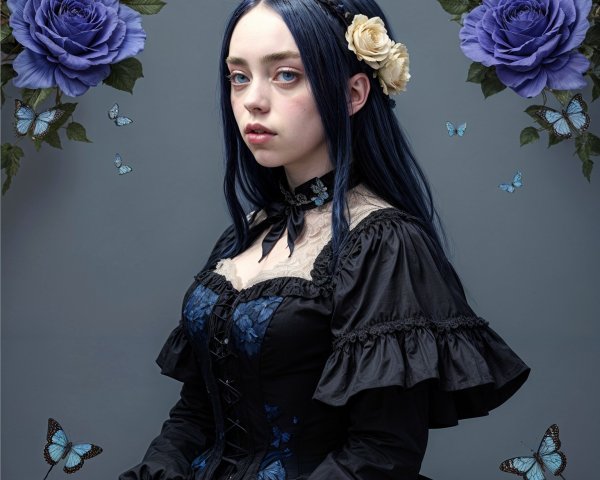 Young woman in Victorian dress with floral patterns