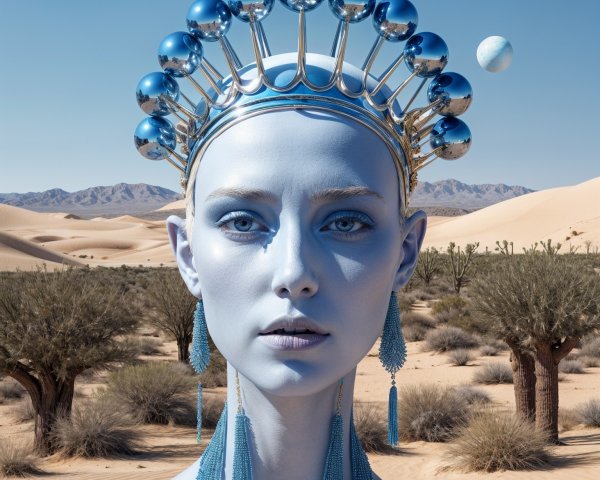 Figure in Desert with Metallic Crown and Blue Skin