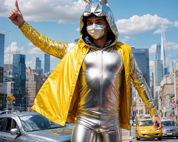 Confident Individual in Yellow Silver Outfit in City
