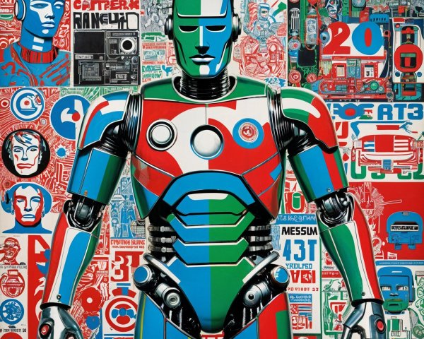 Stylized Robotic Figure with Retro Graphic Background
