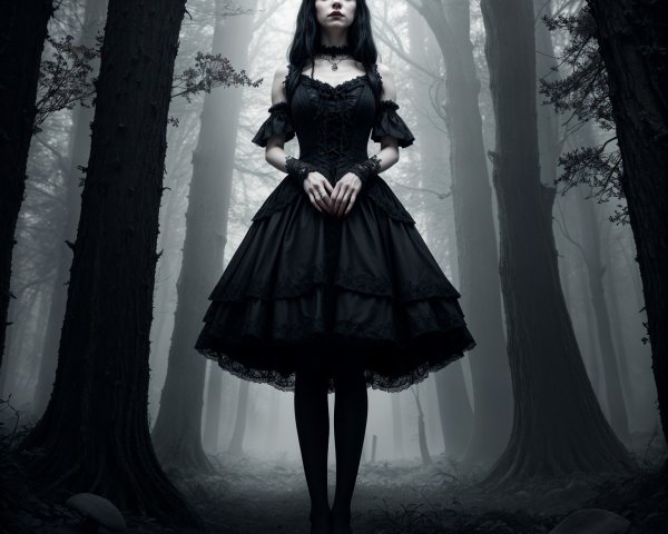 Gothic Elegance in a Misty Forest Setting