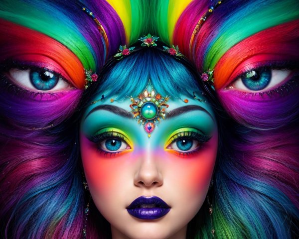 Surreal Portrait with Vibrant Peacock-Inspired Hair