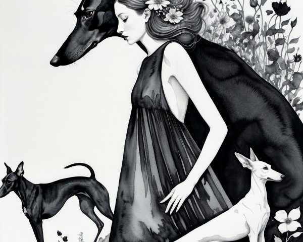Surreal Black and White Artwork of Woman and Greyhounds