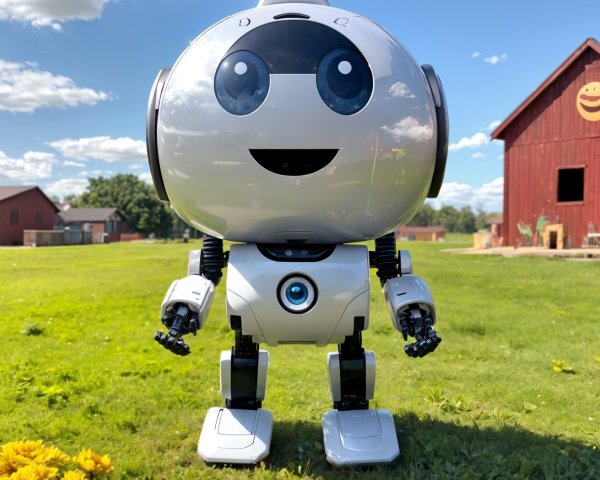 Humanoid Robot on Lush Lawn with Barn and Sky
