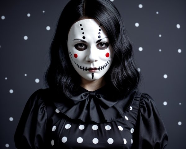 Figure in Black Dress with Polka Dots and Mask