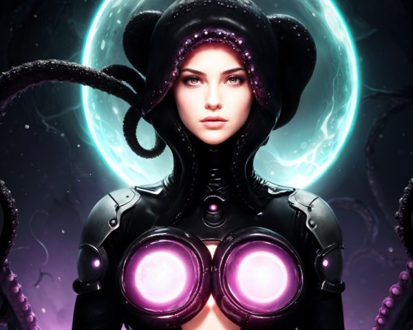 Futuristic Figure in Black Attire with Octopus Helmet