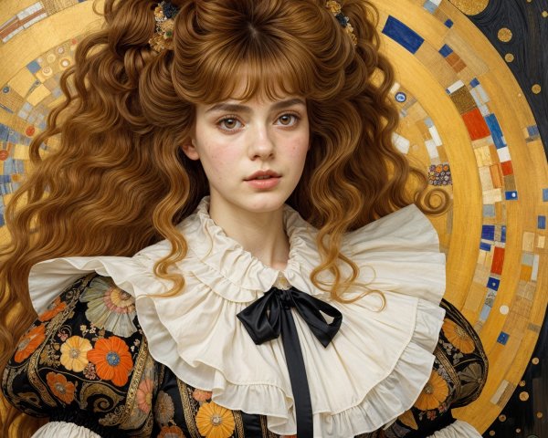 Young woman with curly auburn hair in floral dress