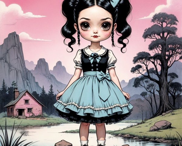 Whimsical Illustration of a Girl by a Calm River