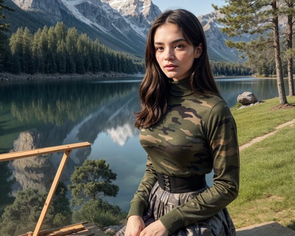 Young woman by tranquil lake with mountains backdrop