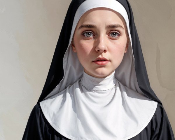 Young nun in black habit with skull motif against muted background