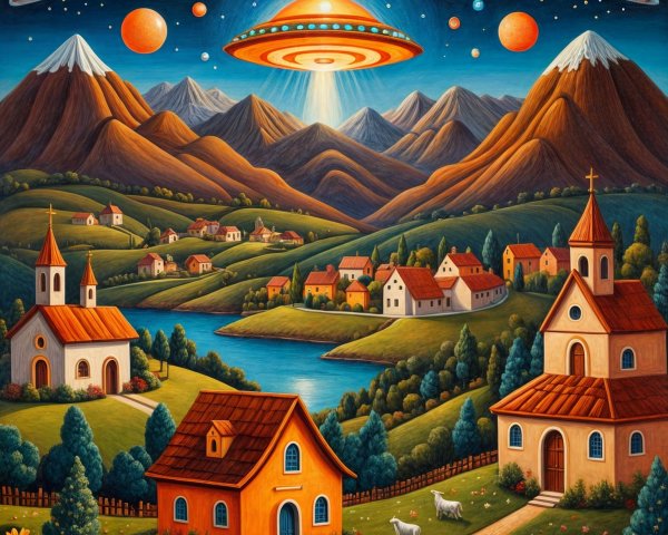 Whimsical Landscape with Hills, Houses, and UFO