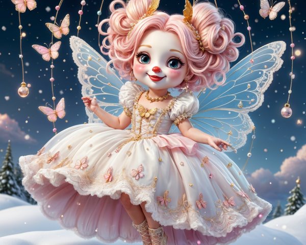 Whimsical Fairy Doll in Snowy Landscape with Butterflies
