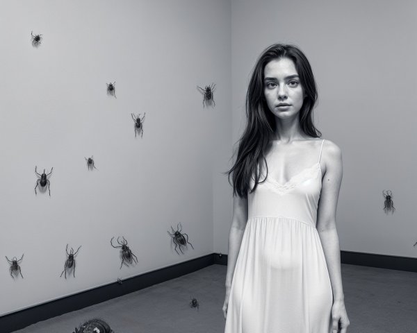 Young woman in white dress amid dark spiders in room