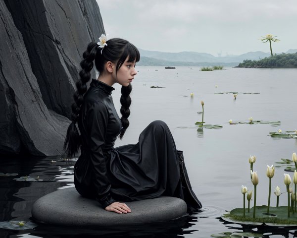 Young girl in black dress by tranquil water scene