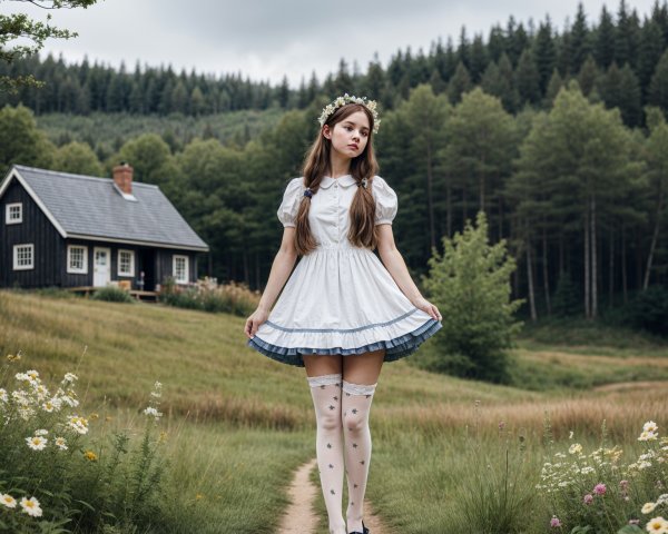 Young girl in vintage dress by charming black house