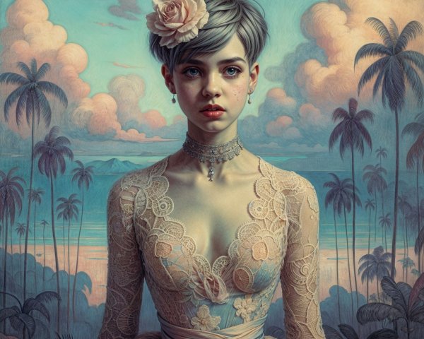 Portrait of a Young Woman in Lace Gown with Tropical Setting