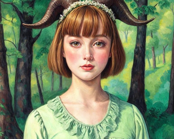 Young woman in forest with floral horned hairstyle