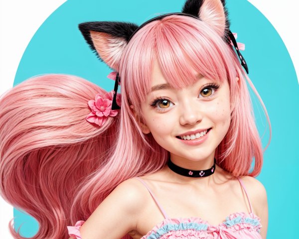 Young girl with pink hair in playful outfit and backdrop