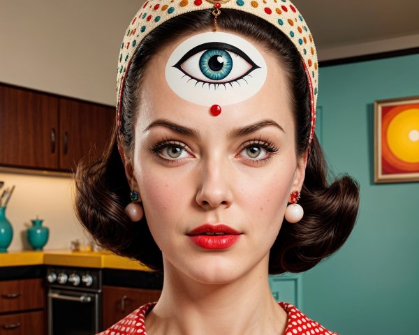 Woman in 1950s Kitchen with Eye Graphic Forehead