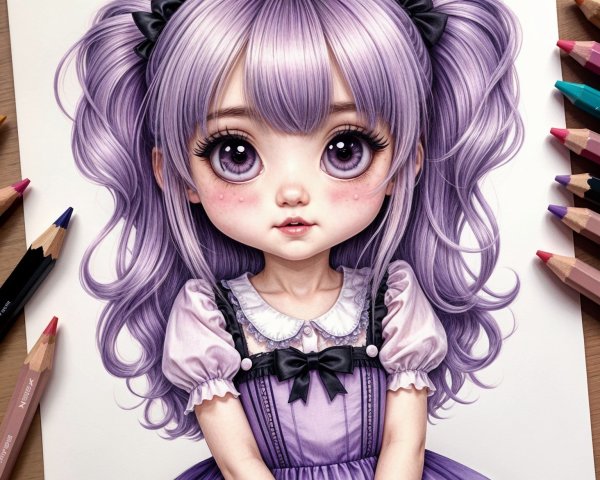 Whimsical Illustration of a Young Girl with Lavender Hair