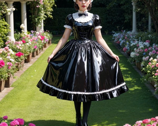 Young Woman in Vintage Dress in a Lush Garden
