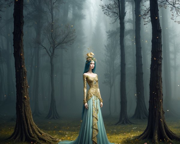 Regal figure in mystical forest with elegant gown