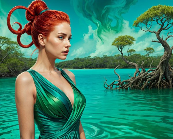 Elegant Woman by Turquoise Lagoon with Red Hair