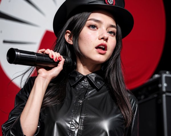 Performer in Black Outfit with Microphone and Hat