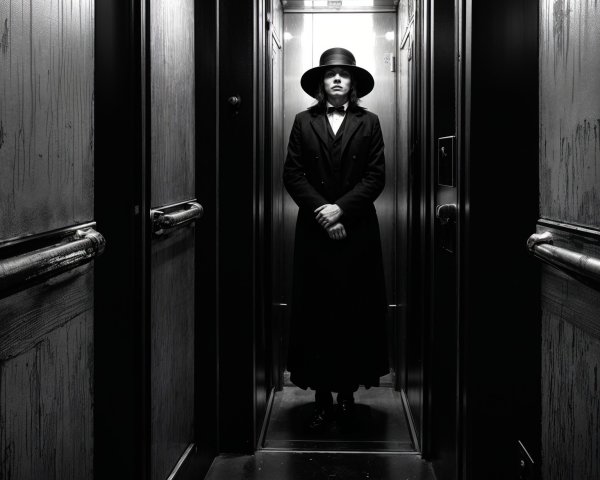 Mysterious Figure in Dimly Lit Elevator Setting