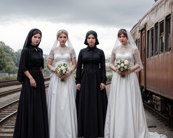 Women in Gowns on Train Platform with Flowers