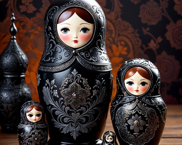 Intricately Designed Black Russian Nesting Dolls