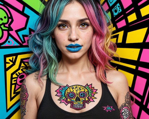 Young woman with colorful hair and bold body art