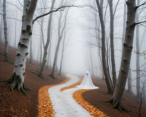 Misty Forest Path with Ghostly Figure and Fog
