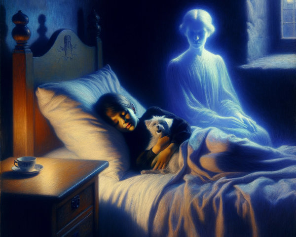 Young girl sleeps with cat and ghostly figure nearby