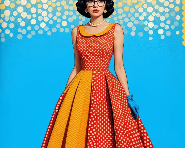 Pop Art Portrait of Young Woman in Polka-Dot Dress