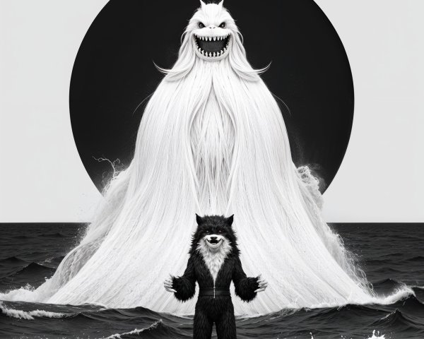 Surreal Scene with Ethereal Figure and Bear Creature