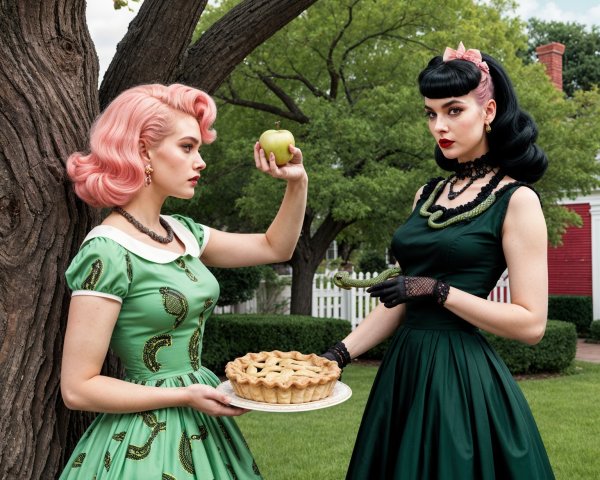 Women in 1950s Dresses Under a Tree with Apple and Pie